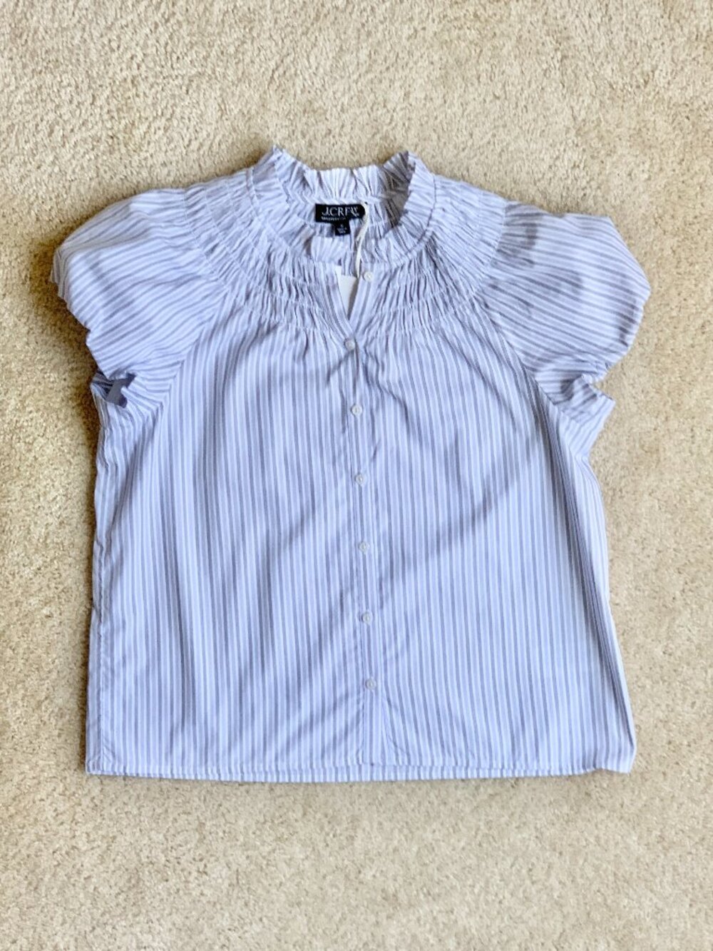 NWT J. Crew Smocked-Neck Striped Poplin Top, White/Blue, Medium - Picture 4 of 11